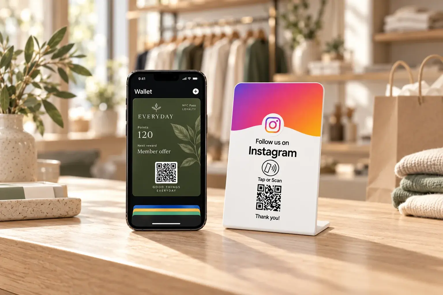 NFCPlate Instagram Follow Stand beside an EVERYDAY retail NFC Pass loyalty card