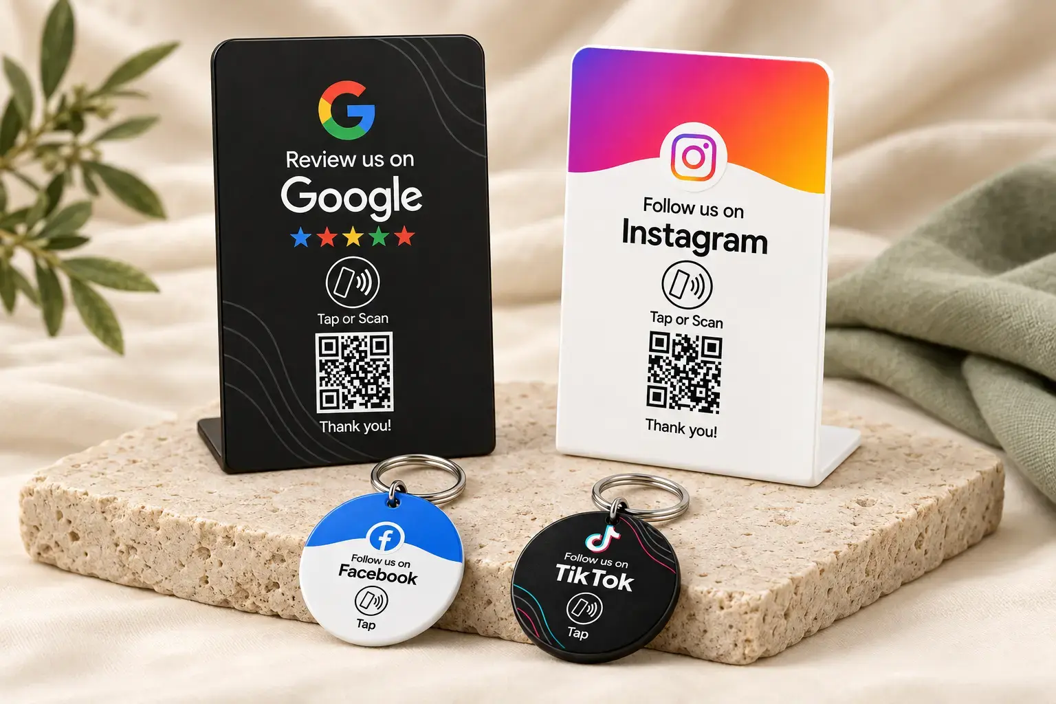 NFCPlate stands and keychains for customer connections