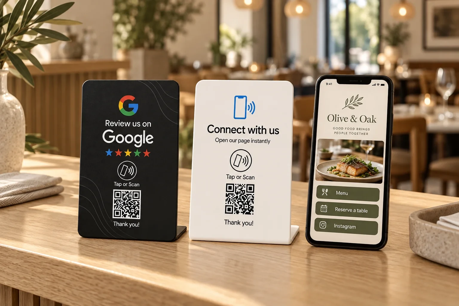 NFCPlate Google and custom-link stands beside a restaurant menu and reservation page