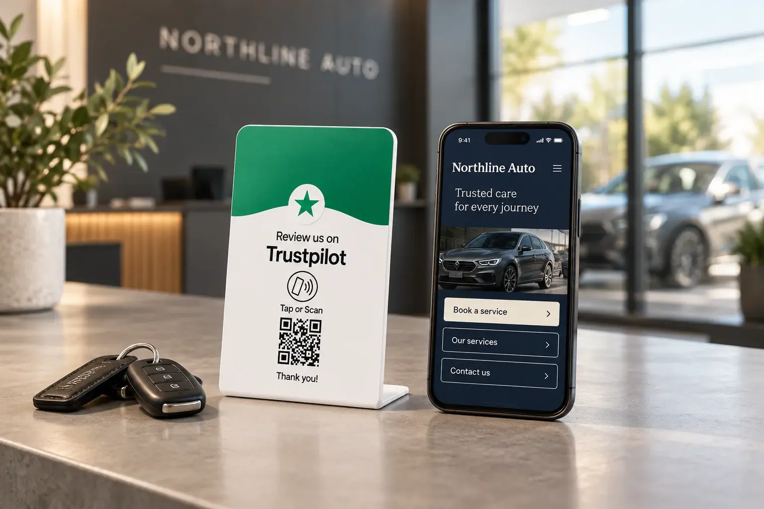 NFCPlate Trustpilot Review Stand beside a Northline Auto service booking page