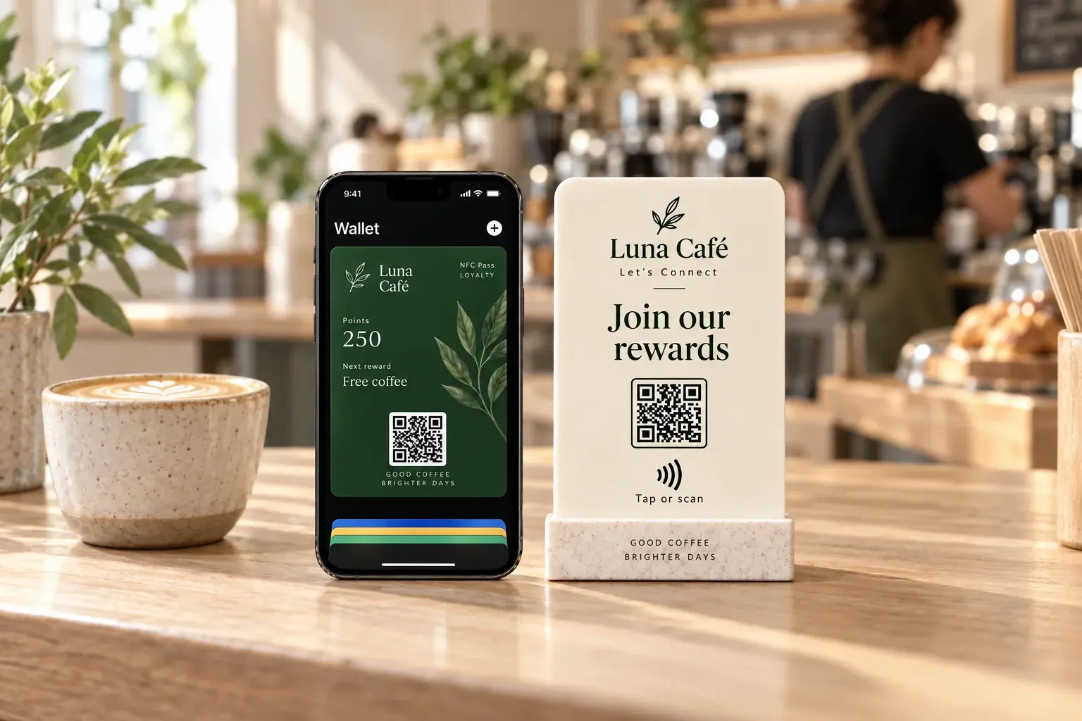 Luna Café NFC Pass rewards stand and a phone showing a café loyalty pass at a coffee counter