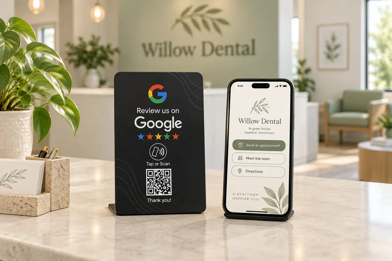 NFCPlate Google Review Stand beside a Willow Dental appointment and practice information page