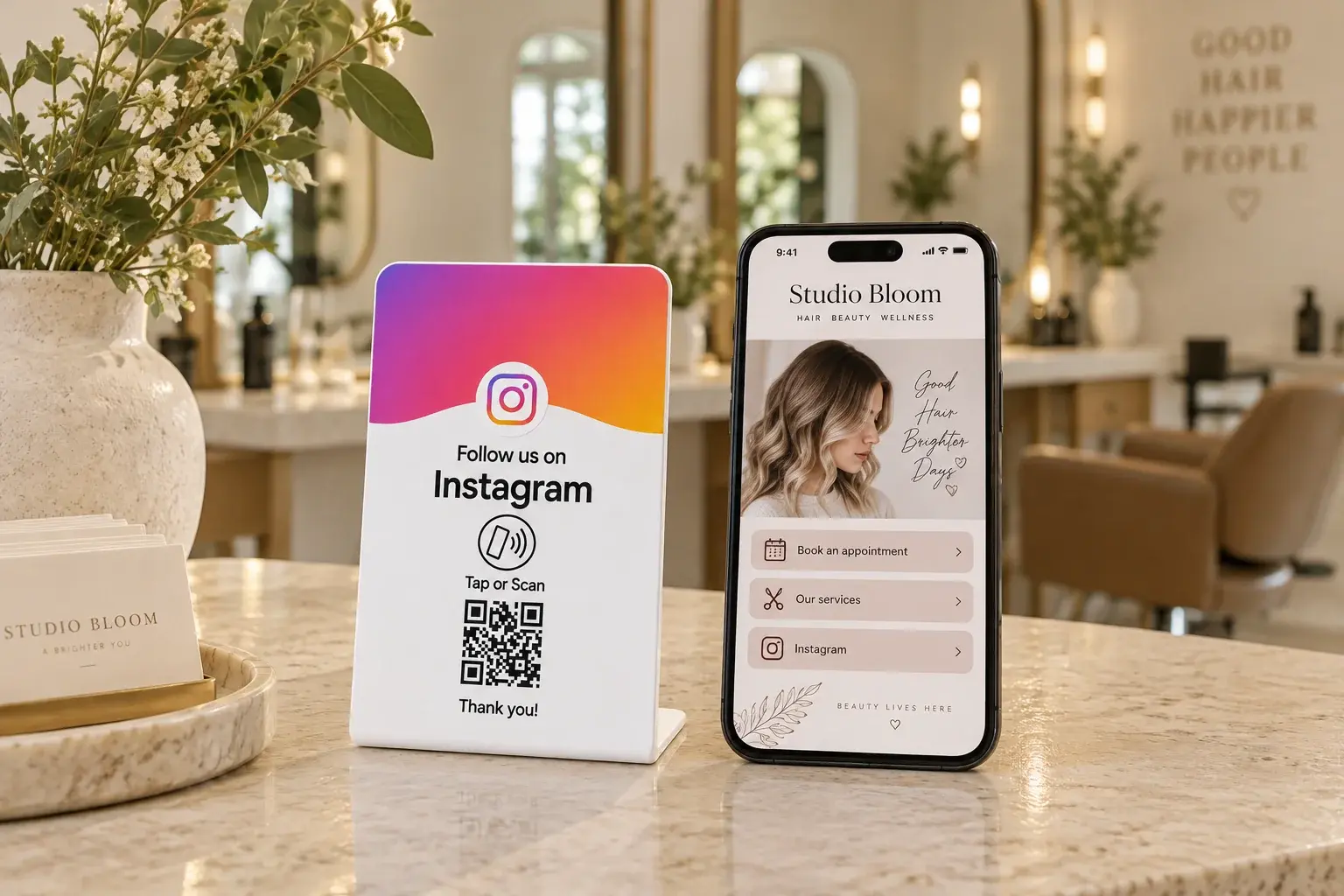 NFCPlate Instagram Follow Stand beside a salon booking and services page
