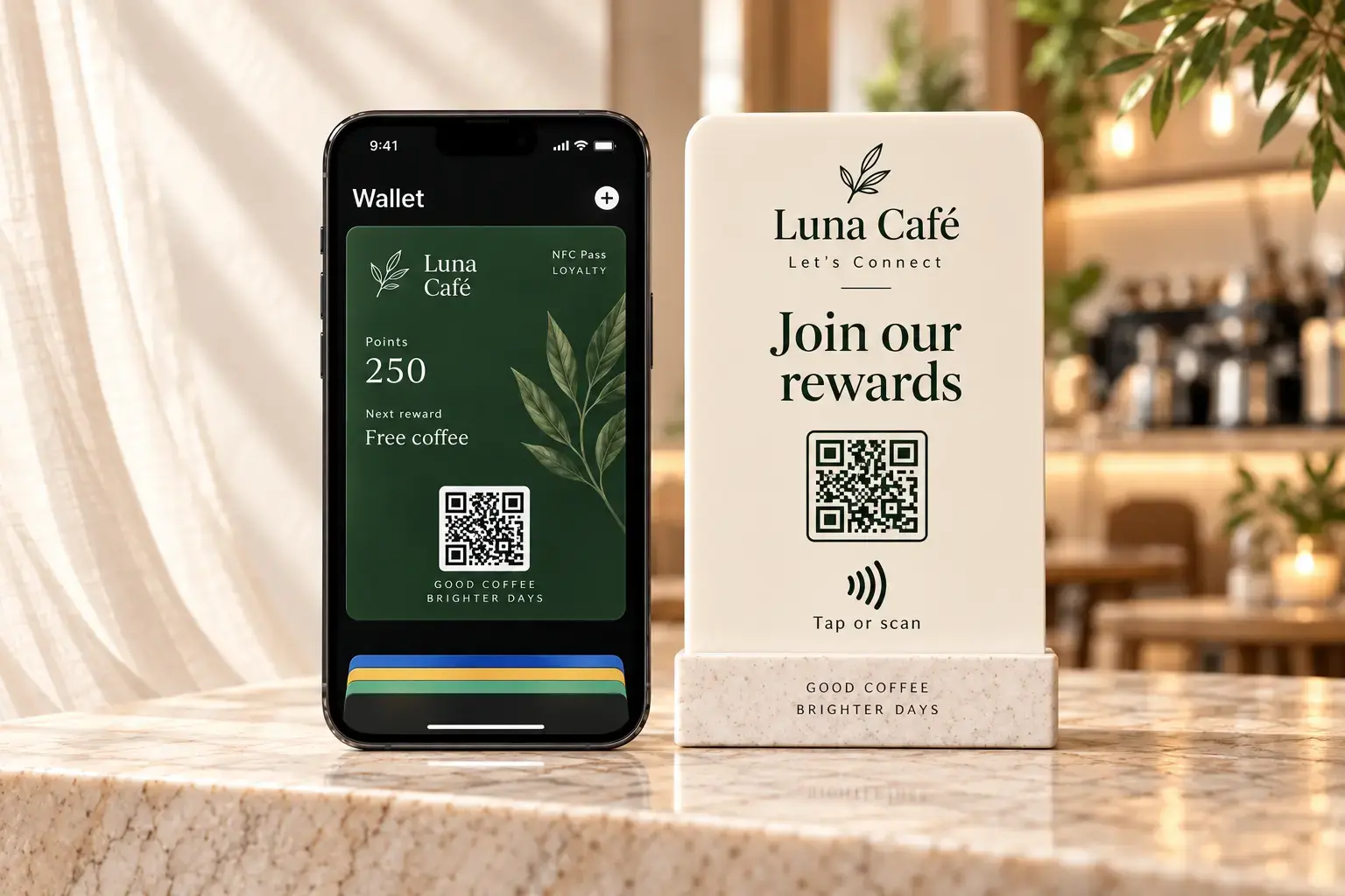 NFC Pass in Apple Wallet beside a rewards stand