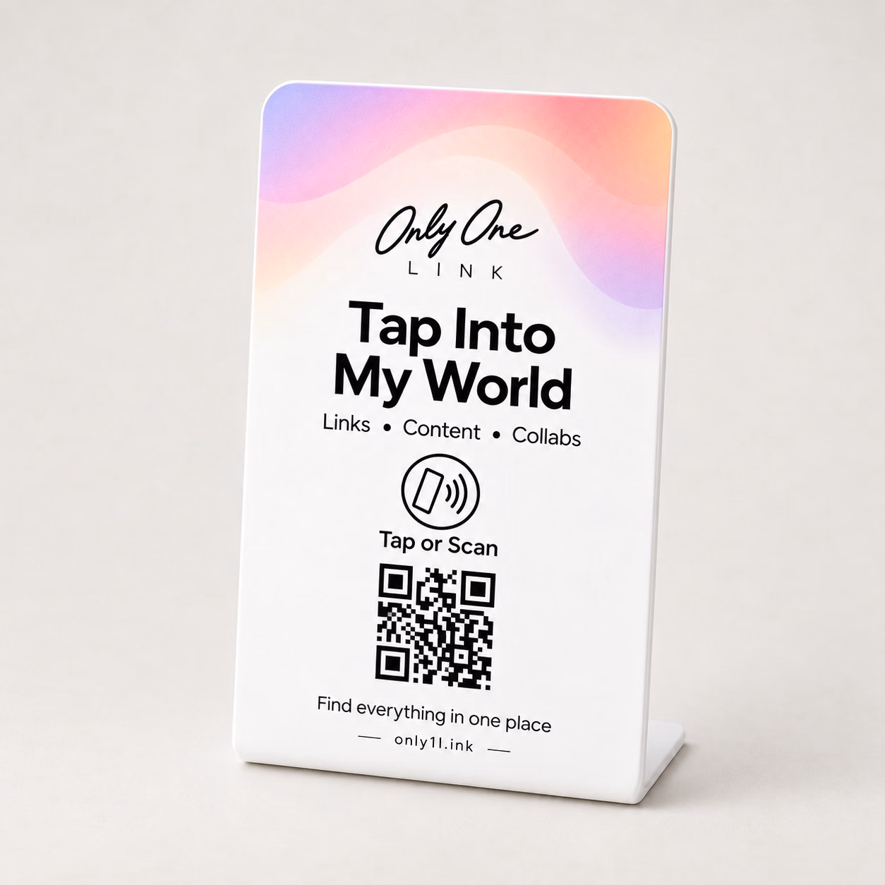 Only One Link Stand in Pastel Aura design with NFC tap symbol and QR code