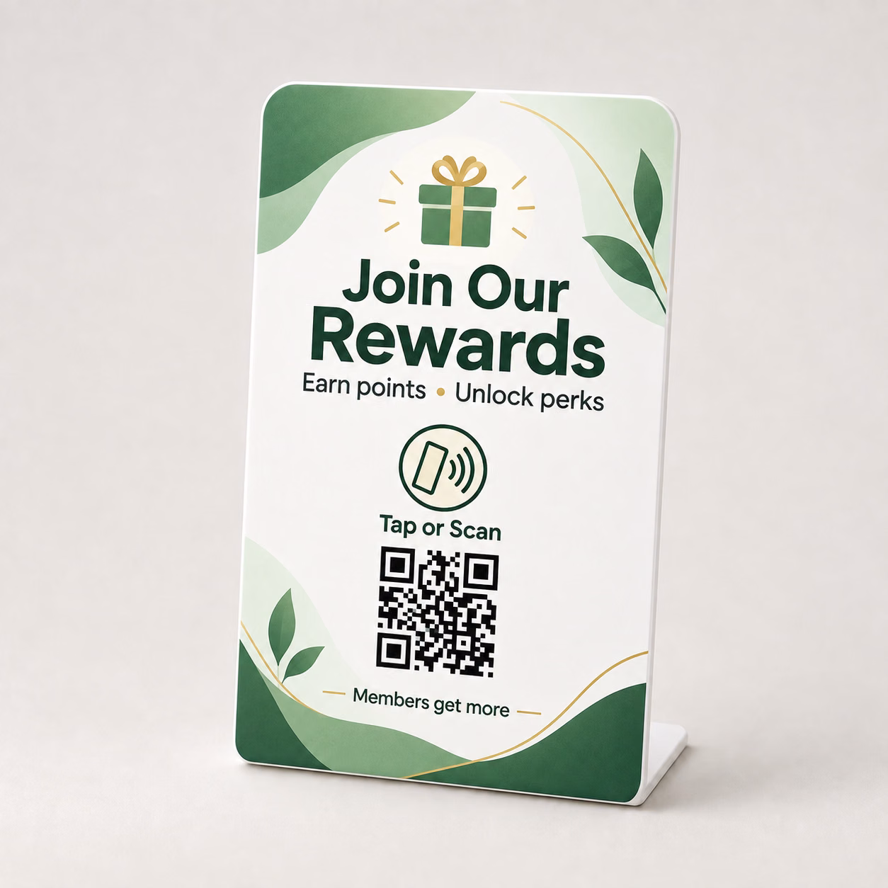 Rewards & Loyalty Stand in Green Botanical design with NFC tap symbol and QR code