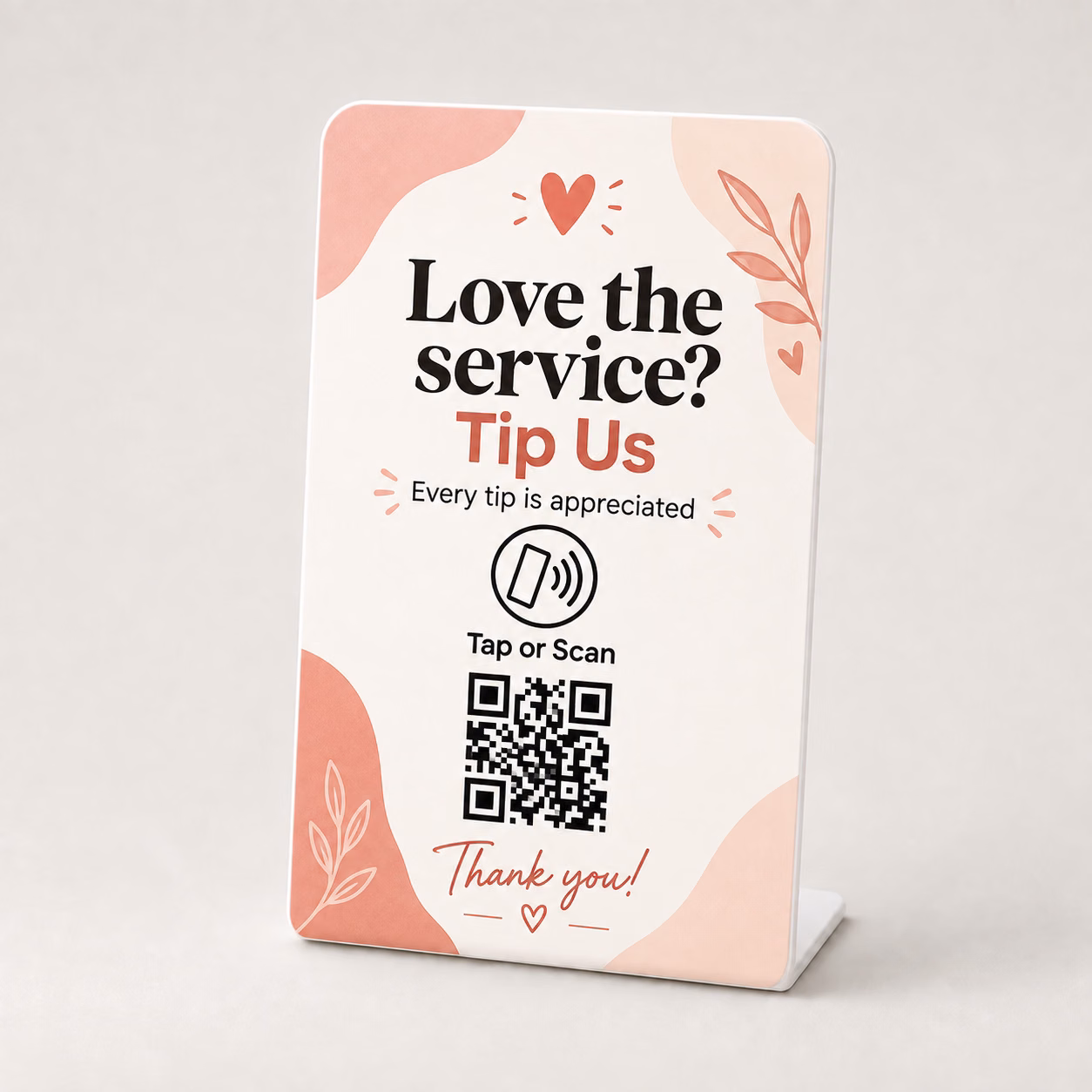 Digital Tip Stand in Blush Botanical design with NFC tap symbol and QR code