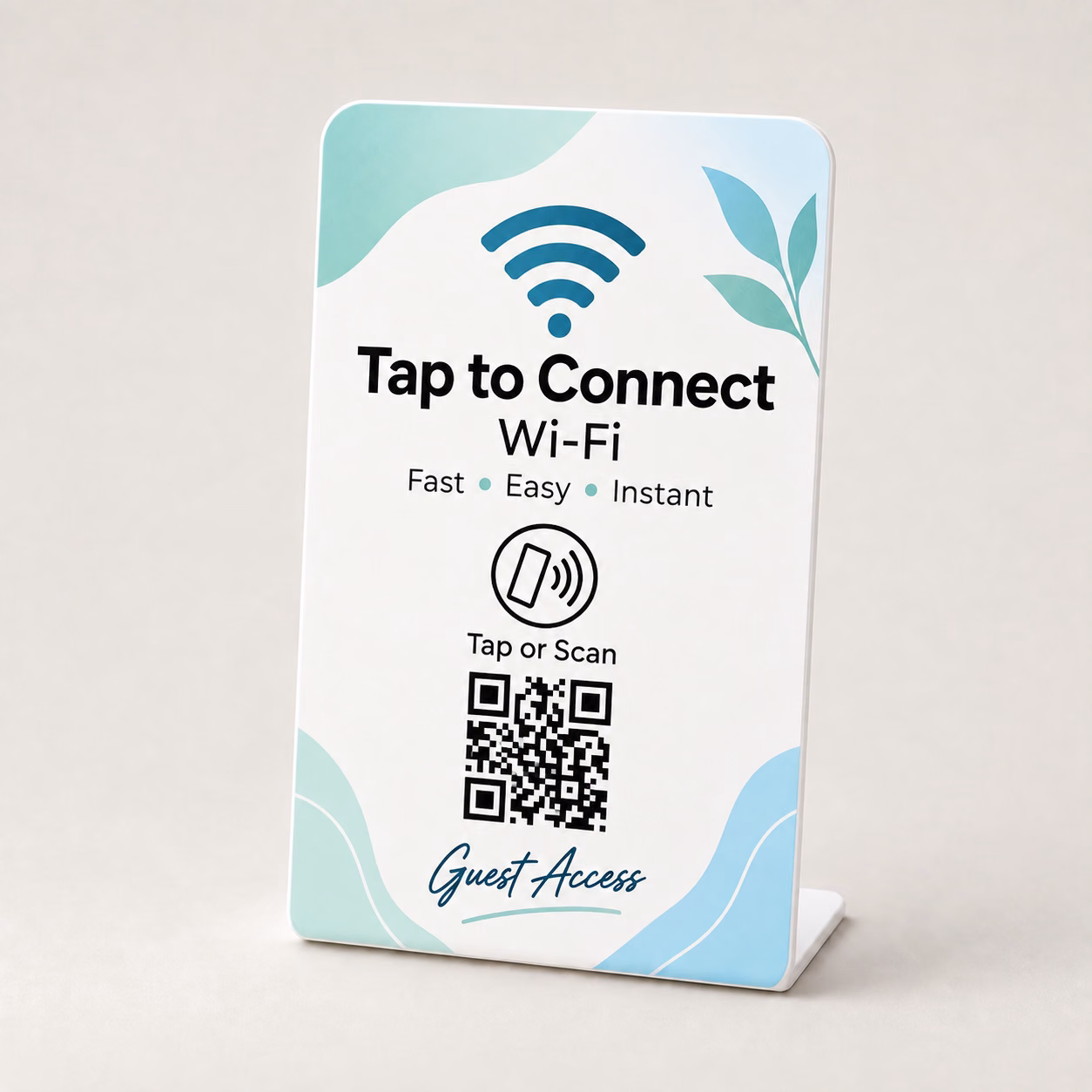 Wi-Fi Access Stand in Aqua Botanical design with NFC tap symbol and QR code