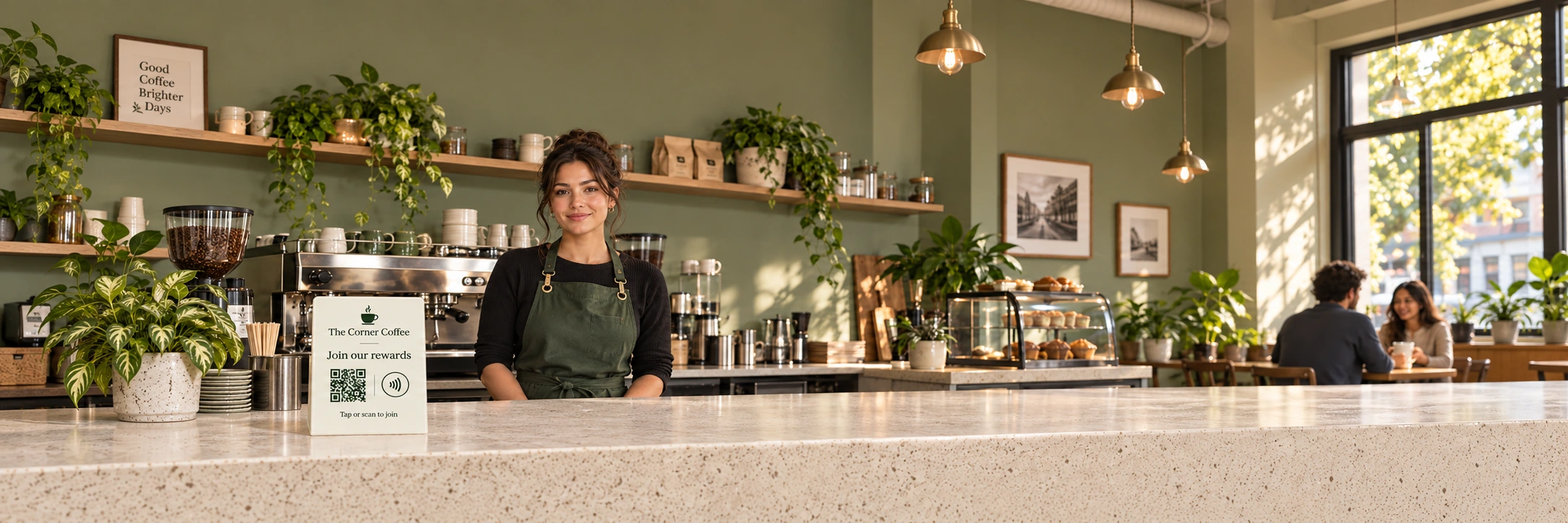 A barista behind The Corner Coffee counter, with a Join our rewards NFC and QR stand nearby