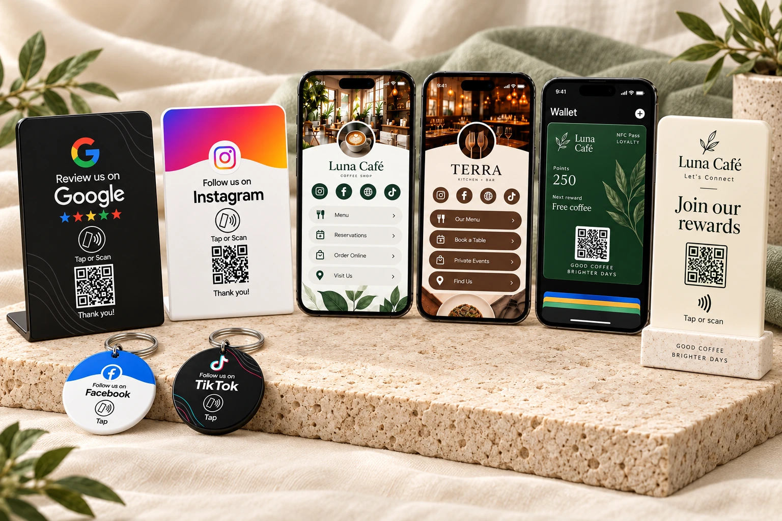 NFCPlate Google and Instagram stands, Facebook and TikTok keychains, two Only One Link template phones, and NFC Pass with a matching rewards stand
